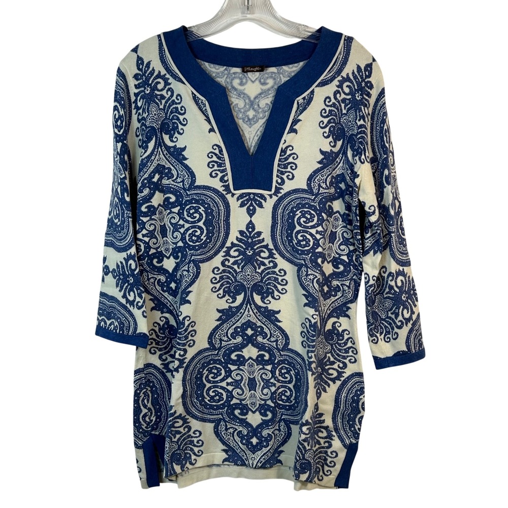 J.McLaughlin Blue White Damask‎ Paisley Knit Tunic Top 3/4 Sleeve Size M